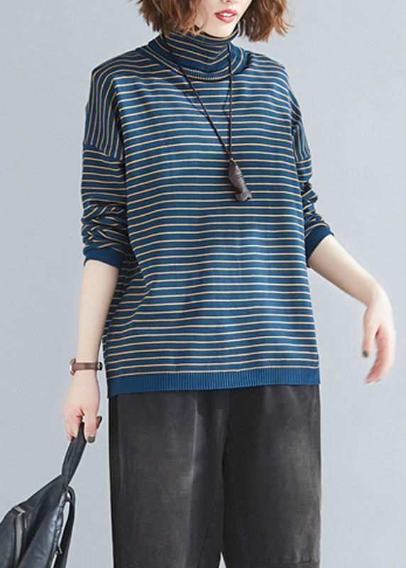 Aesthetic spring blue striped knit tops plus size clothing high neck clothes For Women