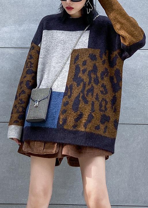 Pullover o neck Leopard knit sweat tops plus size patchwork color knit blouse