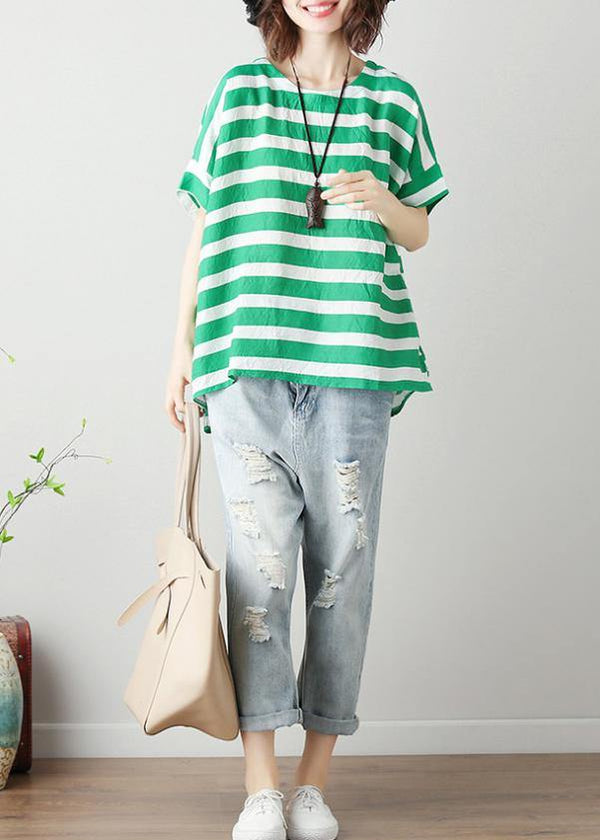 Modern o neck Batwing Sleeve cotton linen tops women blouses Christmas Gifts green striped blouses