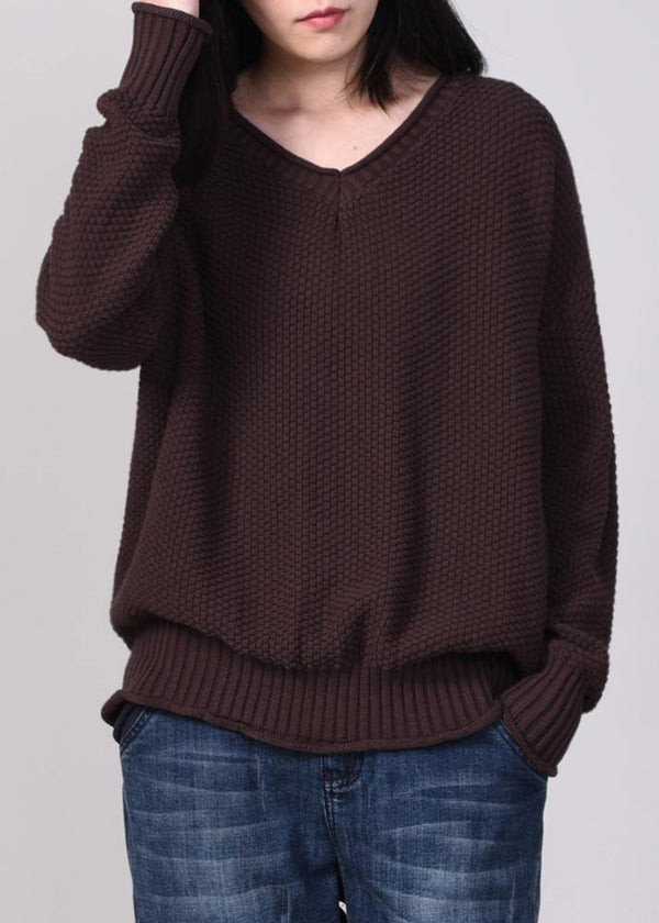 women v neck sweater oversize solid color sweaters chocolate