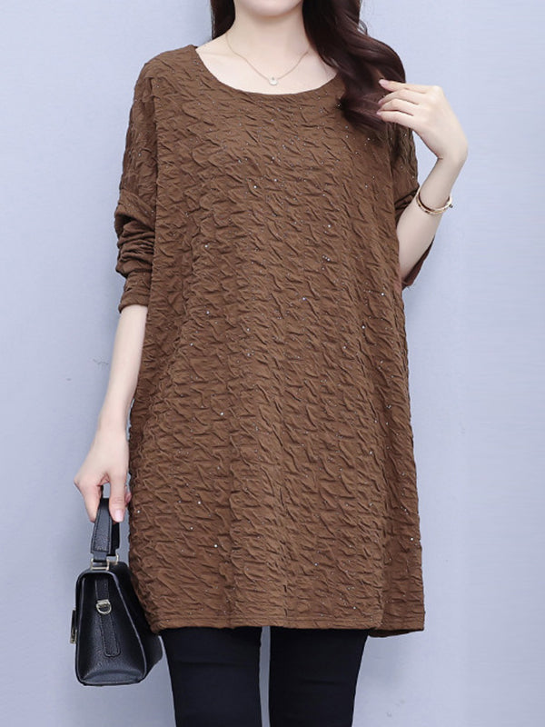 A-Line Long Sleeves Solid Color Round-Neck T-Shirts Tops