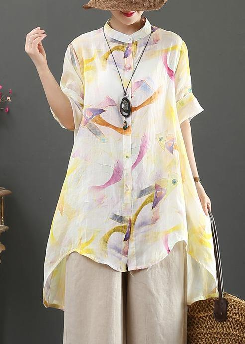 Bohemian stand collar low high design linen blouses for women design yellow print shirts