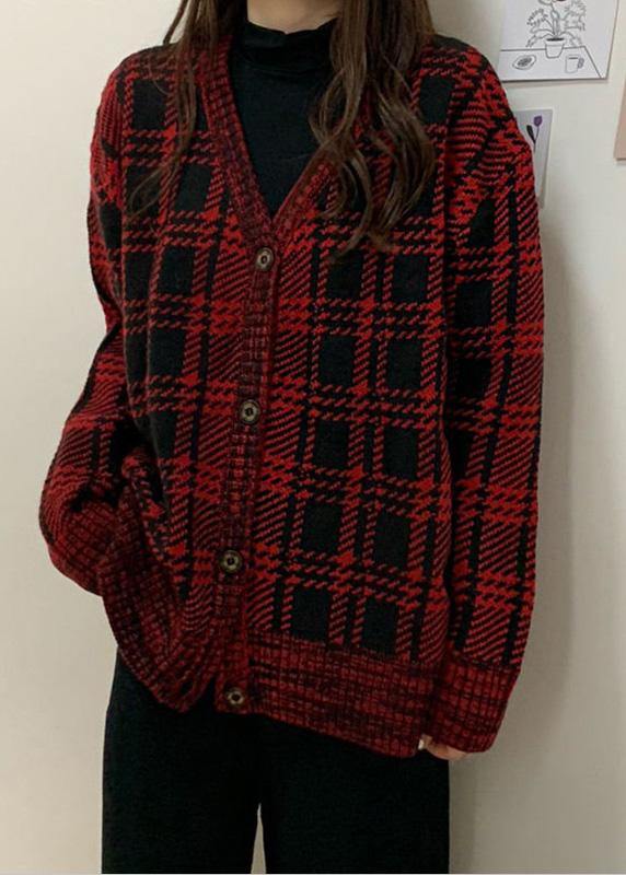 Chunky red plaid knit coats Loose fitting winter knit sweat tops v neck