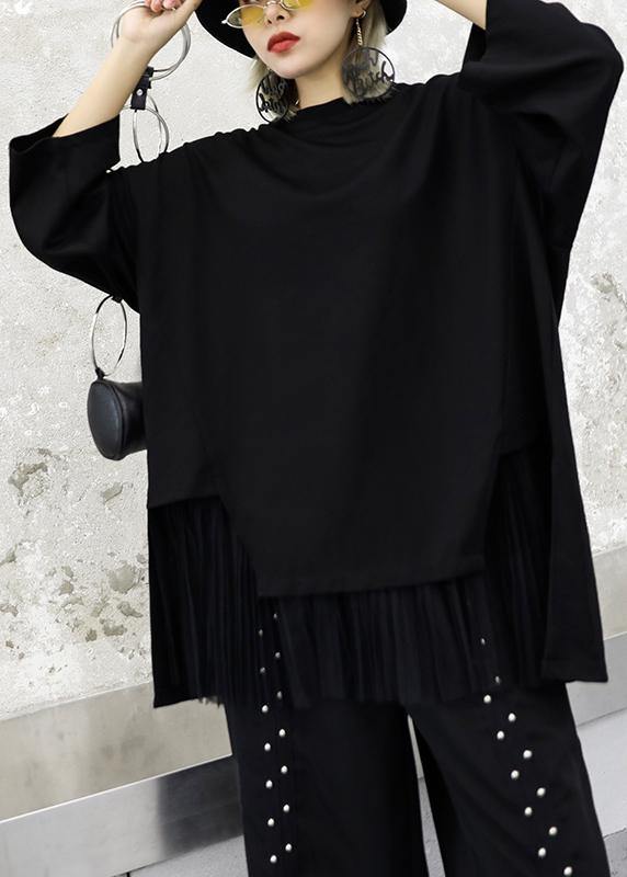 Modern black cotton tunic top asymmetric patchwork hem Knee autumn top