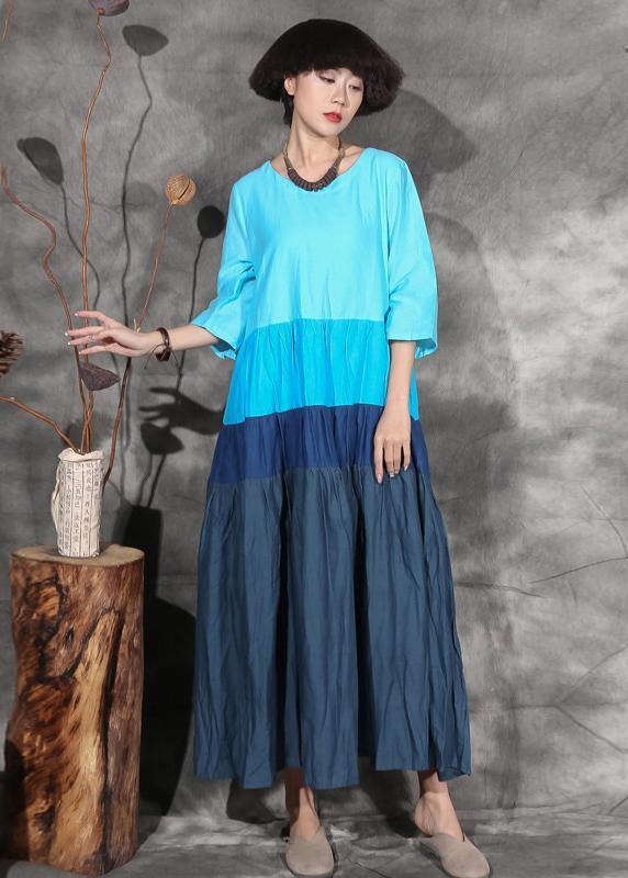 Natural blue patchwork cotton linen clothes big hem Plus Size Clothing summer Dresses