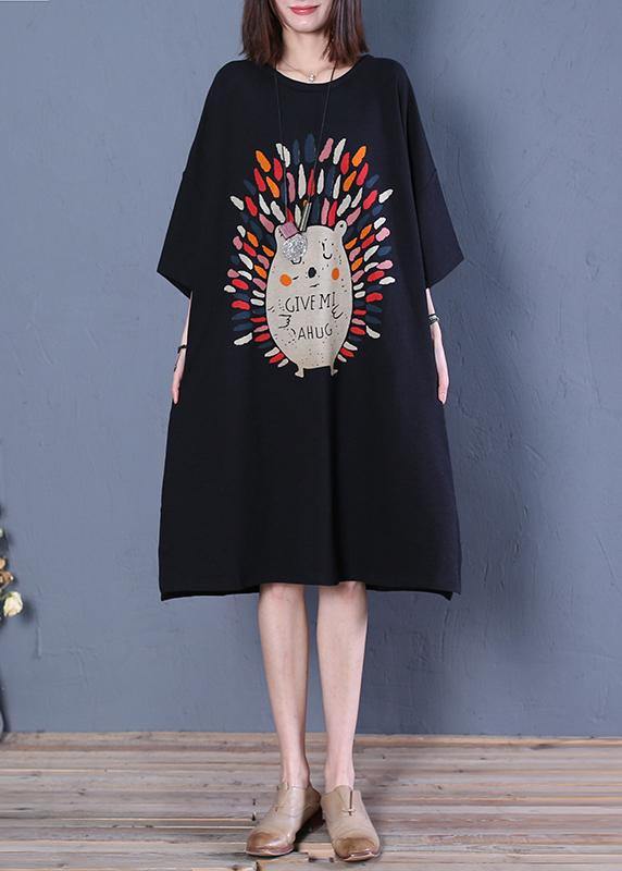 French o neck half sleeve Cotton dresses pattern black print Dress