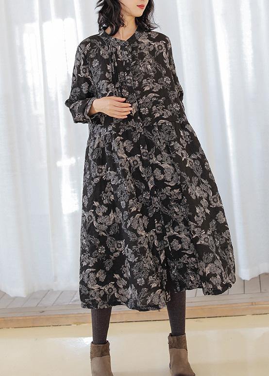 DIY print linen cotton outfit stand collar Cinched cotton fall Dress