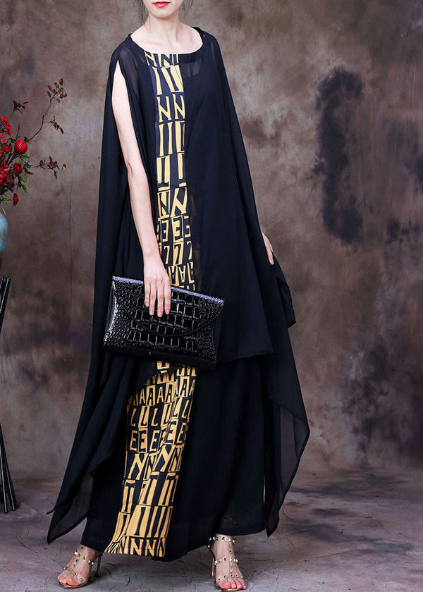 Italian Black Asymmetrical Print Chiffon Top And Wide Leg Pant Two Piece Suit Set Summer