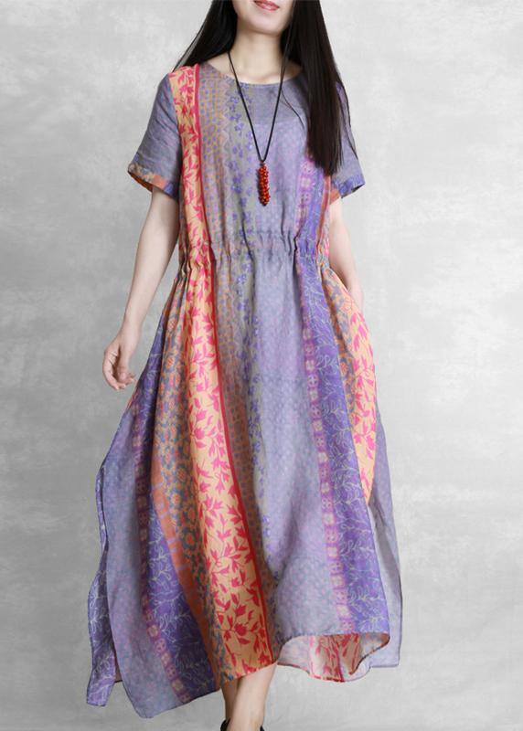 Handmade purple print dress o neck drawstring Robe Dress