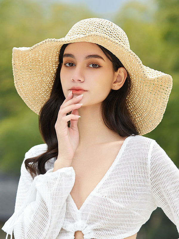Sun-Protection Hollow Solid Color Wide Side Woven Hats&Caps