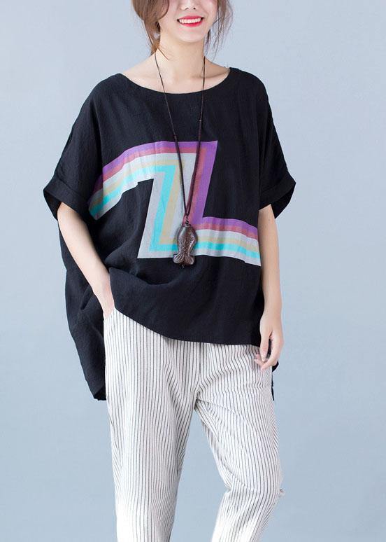 French black prints linen shirts women short sleeve Plus Size Clothing summer shirts