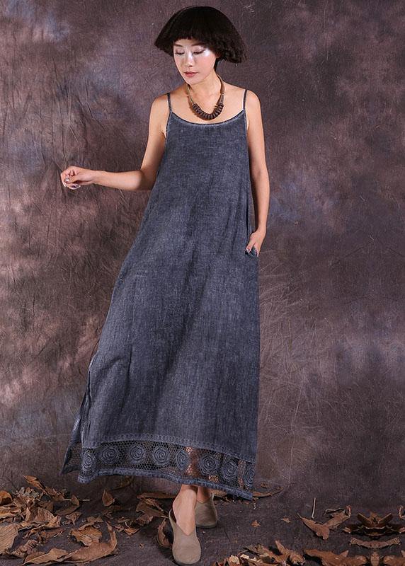 French gray side open linen clothes For Women hollow out hem Maxi summer Dresses