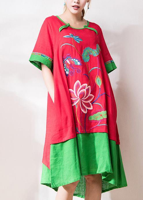 French red embroidery cotton tunic pattern o neck patchwork Art summer Dresses