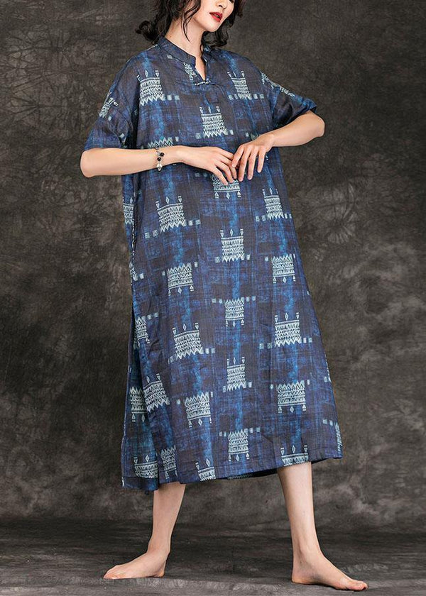 Women navy print linen dress stand collar tie waist Maxi summer Dress