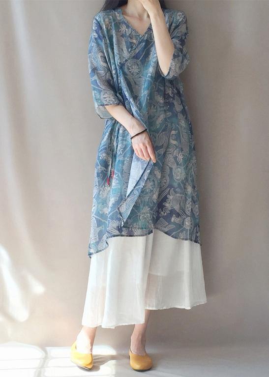 Modern V Neck Half Sleeve Quilting Dresses Pattern Blue Print Robes Dress