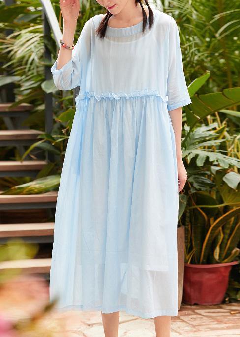 Bohemian o neck patchwork linen cotton clothes Catwalk light blue Dress summer