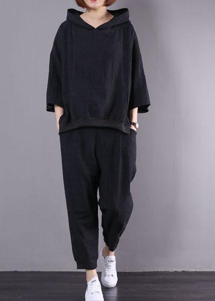 2019 new black cotton linen two pieces hooded pullover and elastic waist pants