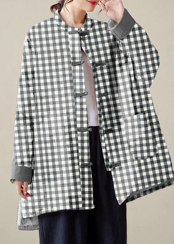 Organic Black plaid Oversized Print Fine Cotton Filled Coat Outwear Winter