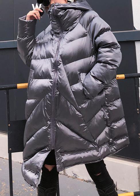 Elegant silver gray womens parkas oversized warm winter outwear hooded zippered