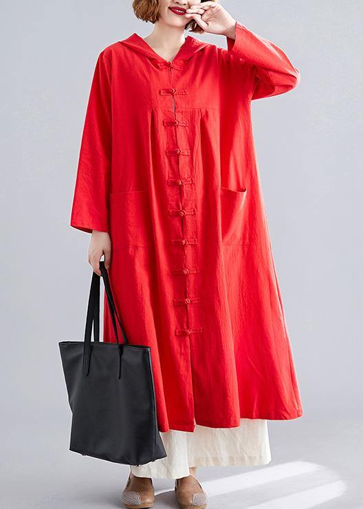 women red overcoat plus size hooded coats pockets Chinese Button coats