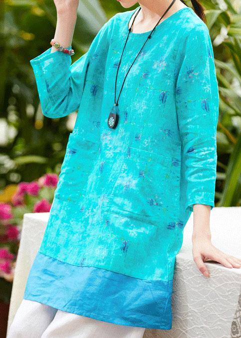 Beautiful o neck pockets linen Robes Outfits green print Dresses summer