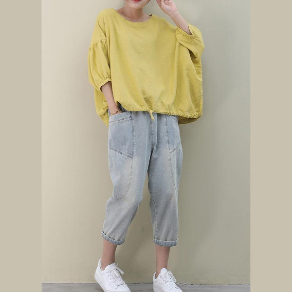 Bohemian o neck lantern sleeve linen box top Shirts yellow shirts