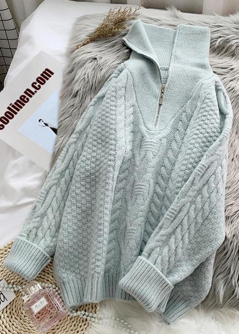 Comfy  light green knitted blouse trendy plus size high neck zippered knit tops