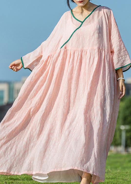 Simple pink linen Robes v neck Extra large hem Maxi summer Dresses