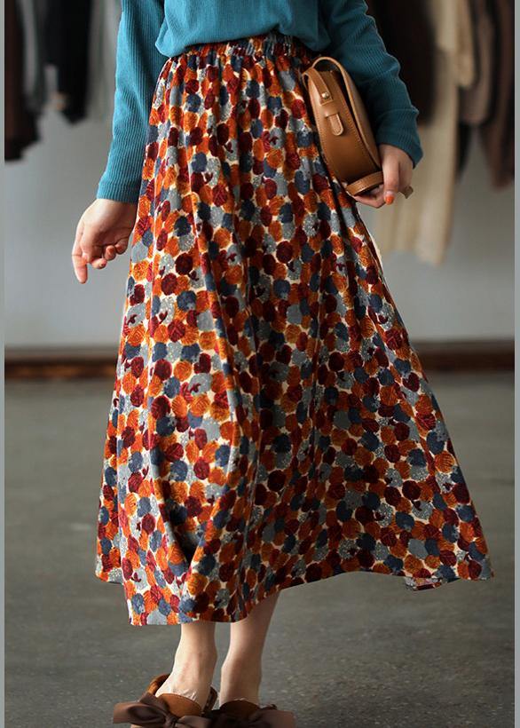 Natural Orange Print Quilting Skirt Elastic Waist Robes Spring Skirt