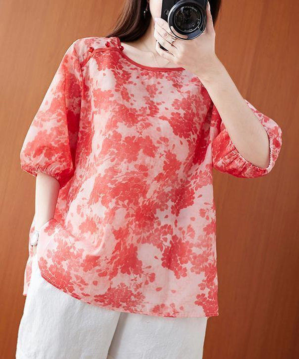 Women o neck lantern sleeve summer Tops red print shirts