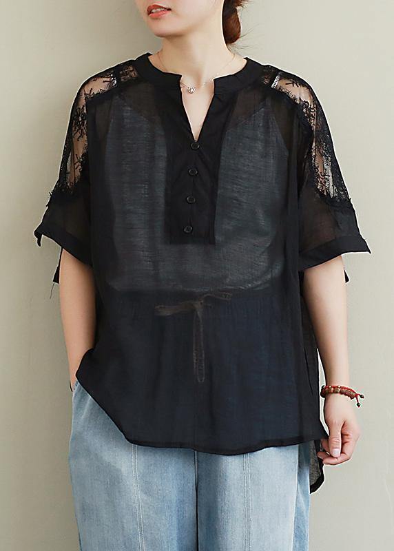 DIY black lace Shirts v neck Plus Size Clothing blouse