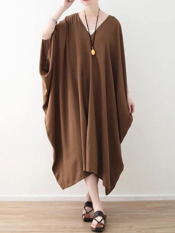 Modern v neck asymmetric clothes Women Runway chocolate loose Dress summer