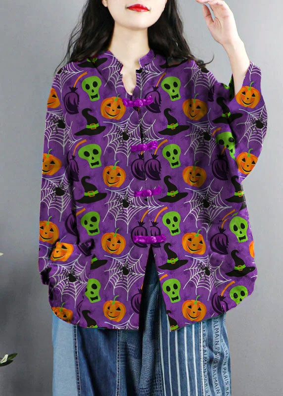 Chinese Style Purple Print Pockets Button Patchwork Cotton Coats Long Sleeve