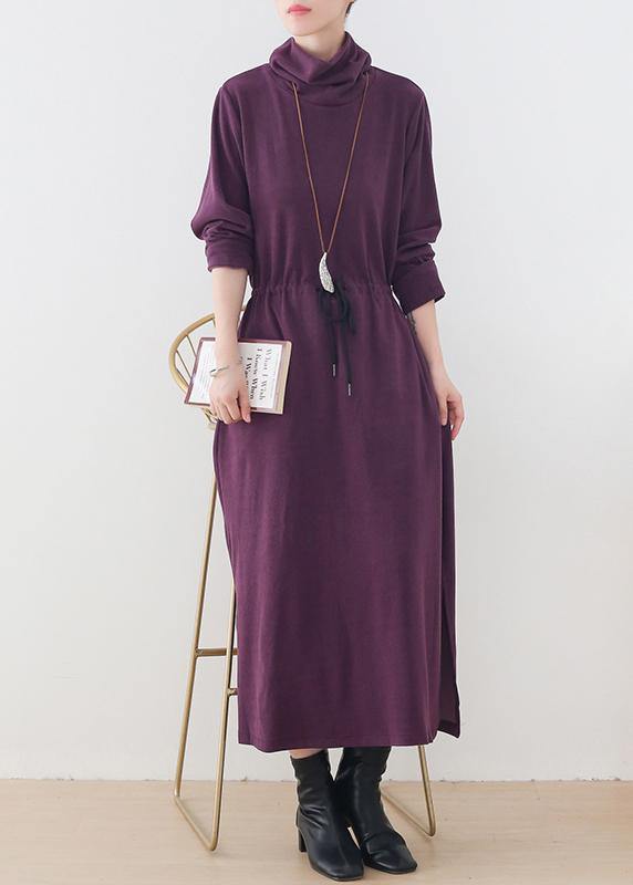 Elegant purple clothes For Women high neck drawstring Kaftan  Dresses