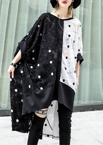 Art black dotted chiffon dresses Online Shopping patchwork asymmetric Robe Summer Dress