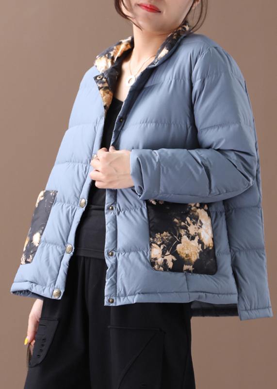 Elegant blue patchwork print warm winter coat plus size winter stand collar pockets overcoat