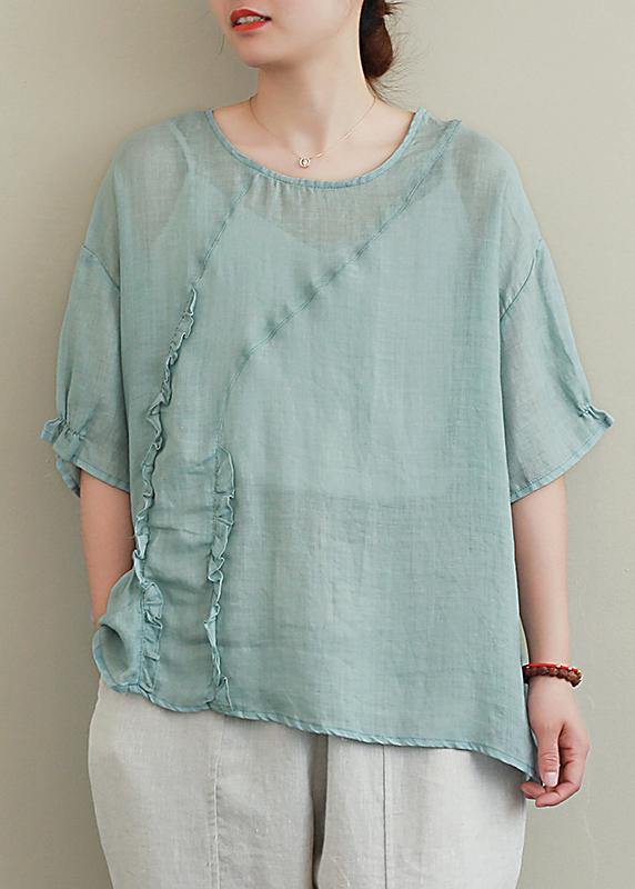 diy green linen tops o neck Ruffles oversized blouses