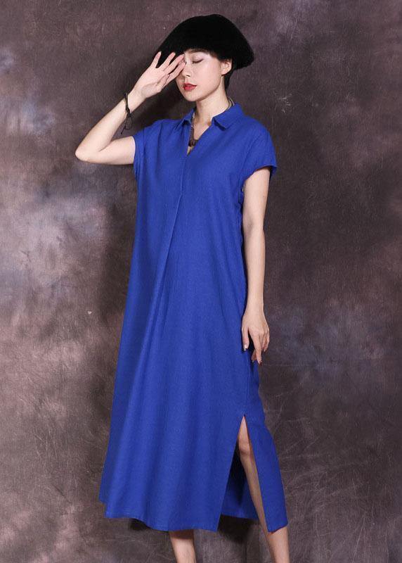 Women blue side open cotton linen dresses lapel collar summer Dresses