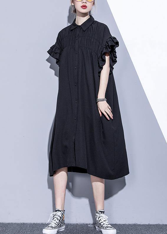 Bohemian black tunics for women lapel asymmetric cotton summer Dress