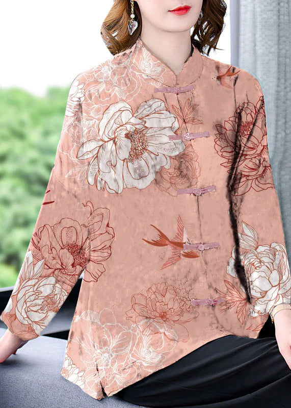 Original Pink-flower Mandarin Collar Button Floral Print Silk Coats Long Sleeve