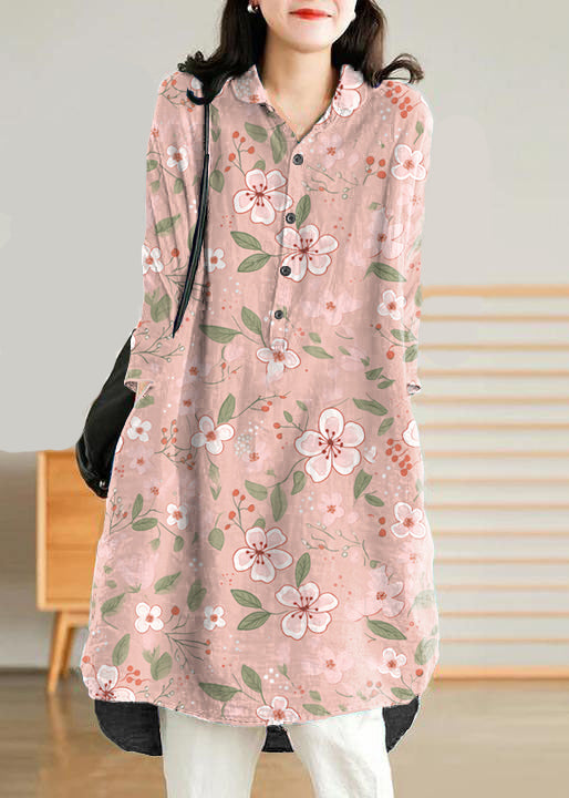 Jade Pink-flower Linen Women Casual Linen Shirt Dress