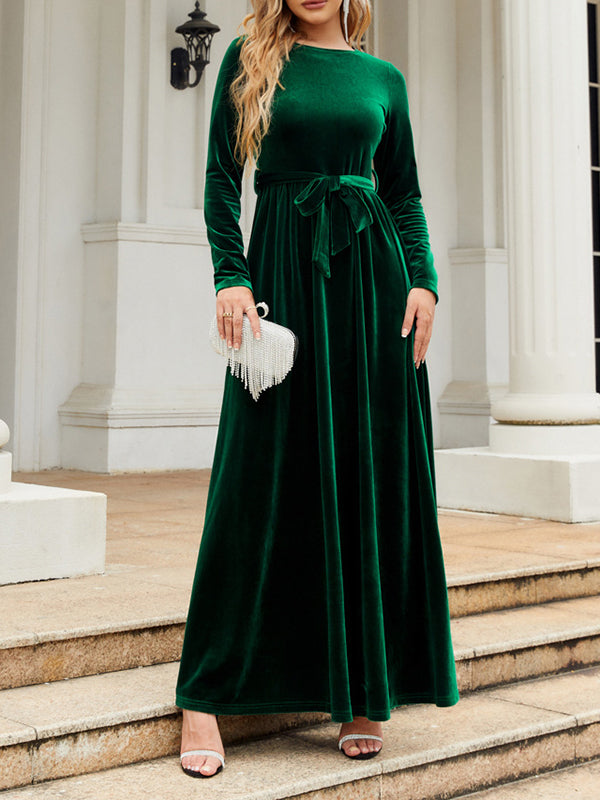 Long Sleeves Wrap Belted Pleated Solid Color Zipper Round-Neck Maxi Dresses