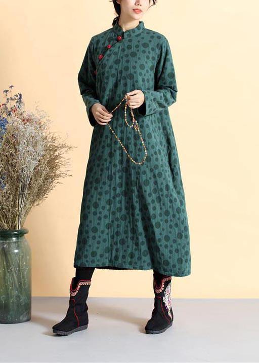 DIY Blackish Green Dotted Tunic Stand Collar Traveling Spring Dress