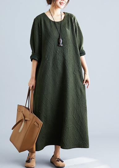 Women army green cotton dress o neck jacquard Robe fall Dresses