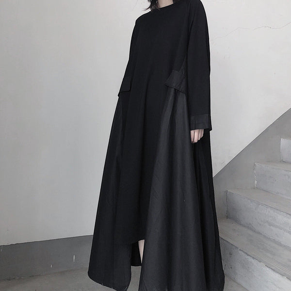 French Black Tunics O Neck Asymmetric A Line Spring Dress