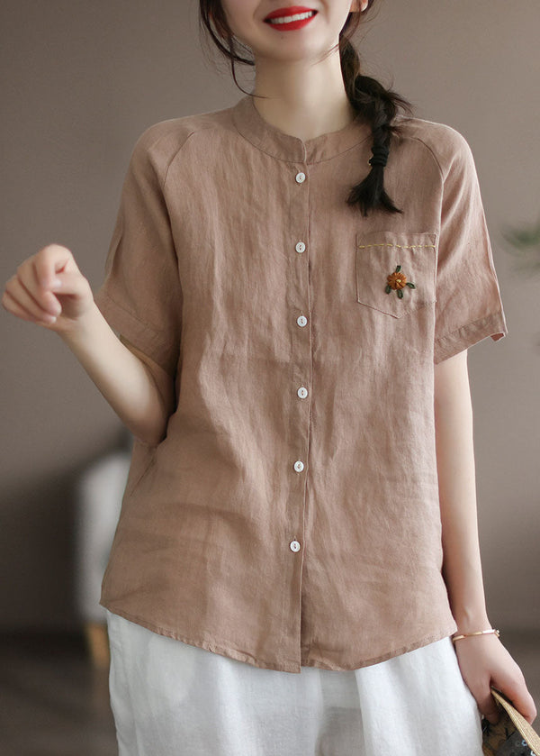 Khaki Solid Loose Linen Shirt Top Embroidered Button Short Sleeve