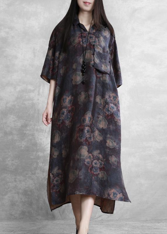 Modern lapel half sleeve summer Tunic Sleeve purple print Traveling Dresses