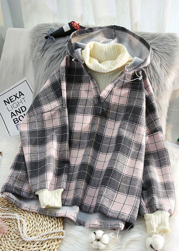 Organic pink plaid cotton linen tops women blouses hooded tunic v neck blouses