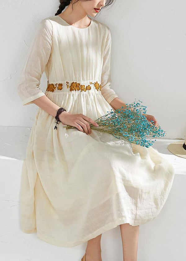 Beautiful o neck embroidery linen summer clothes Sewing beige Dresses