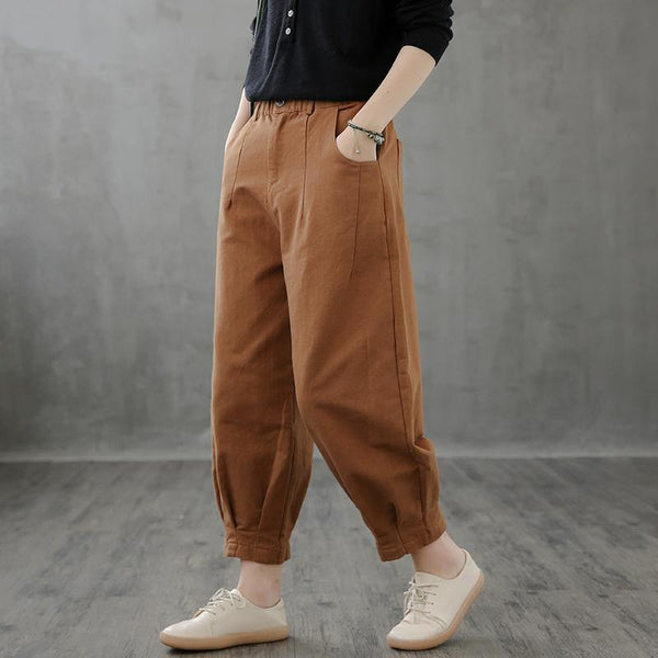 Retro casual brown pants women loose new cropped trousers